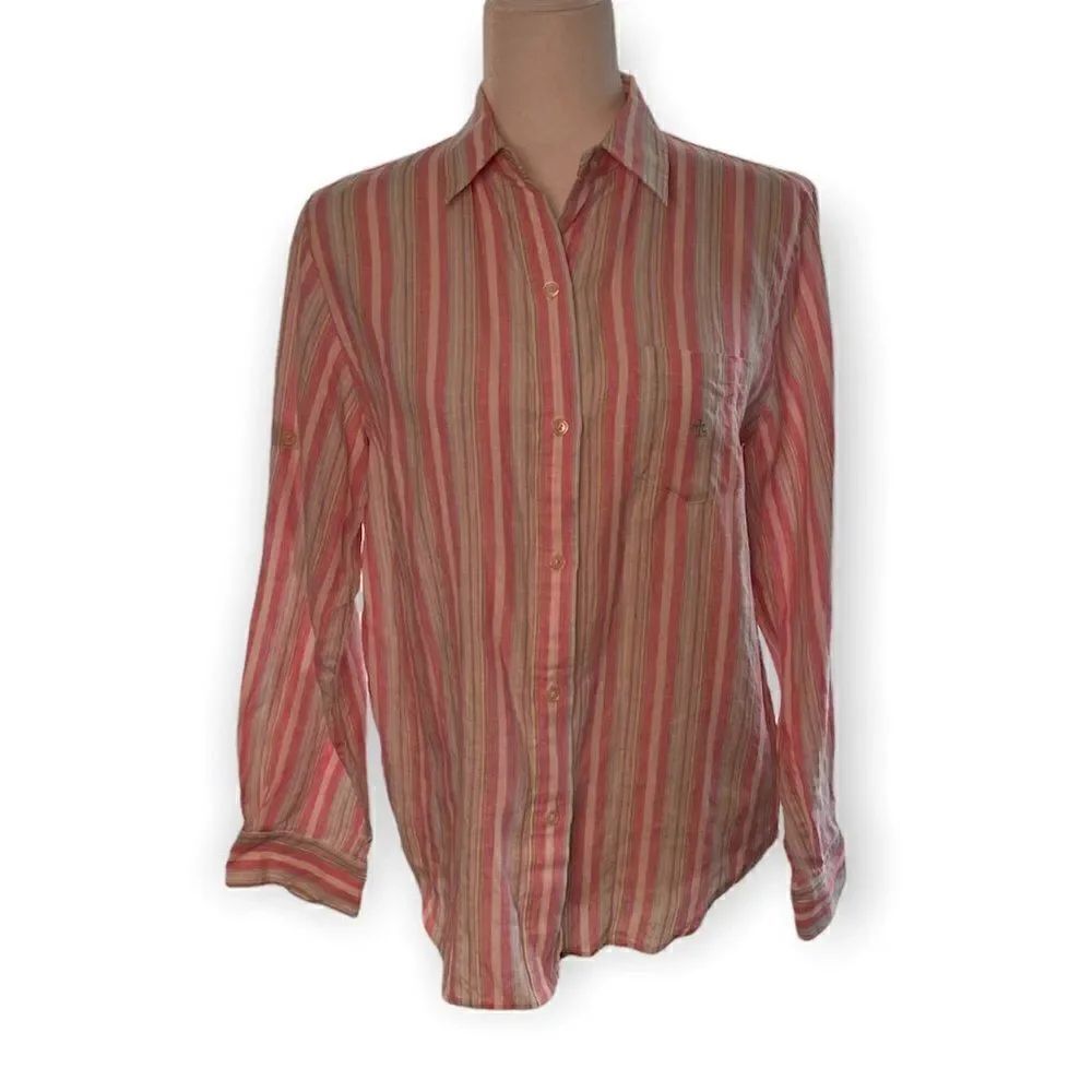 Lauren Ralph Lauren Linen Striped Button Front Boyfriend Long Sleeve Blouse SZ M